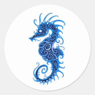 Intricate Blue Seahorse Design on White Classic Round Sticker