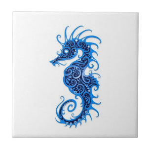 Intricate Blue Seahorse Design on White Tile