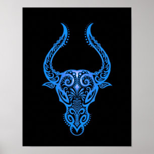 Intricate Blue Taurus Zodiac on Black Poster