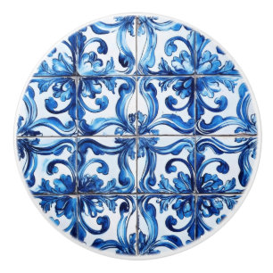 Intricate Blue Tile Pattern Ceramic Knob