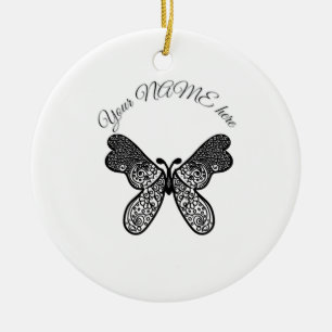 Intricate Boho Mandala Butterfly Black and White A Ceramic Tree Decoration