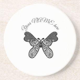 Intricate Boho Mandala Butterfly Black and White A Coaster