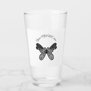 Intricate Boho Mandala Butterfly Black and White A Glass