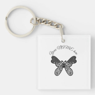 Intricate Boho Mandala Butterfly Black and White A Key Ring