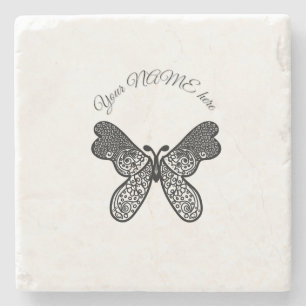 Intricate Boho Mandala Butterfly Black and White A Stone Coaster