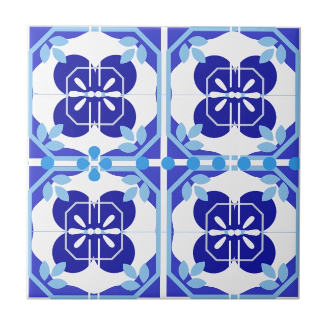 Intricate Bright Blue Navy Azulejos Style  Tile (Front)