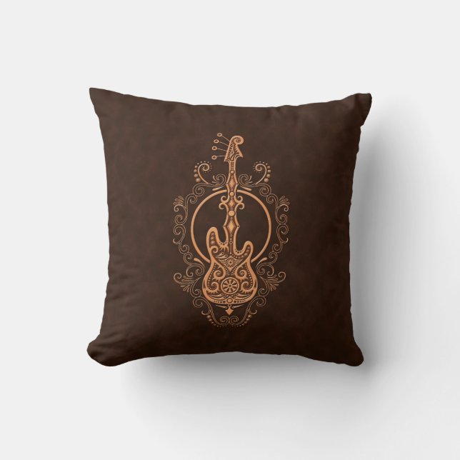 Intricate Brown Bass Guitar Design Cushion (Front)