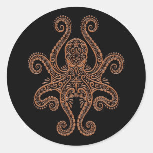 Intricate Brown Octopus on Black Classic Round Sticker