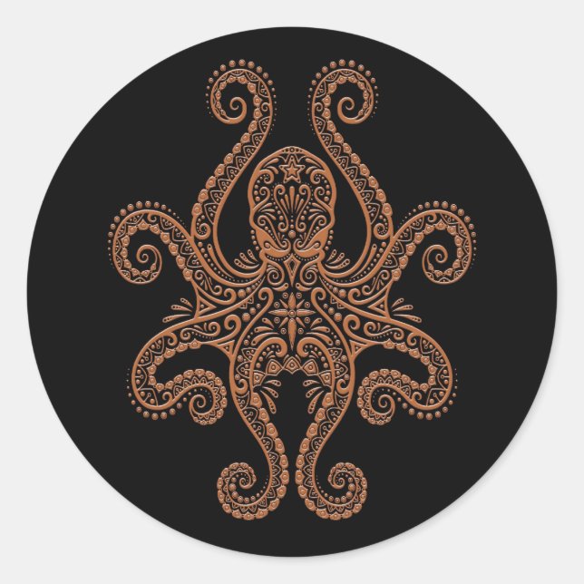 Intricate Brown Octopus on Black Classic Round Sticker (Front)