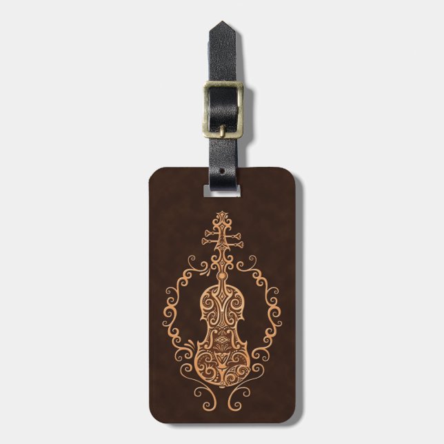 Intricate Brown Violin Design Luggage Tag (Front Vertical)