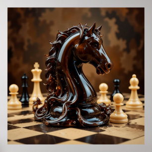 Intricate Chess Horse Figurine Surrounded by Chess Poster
