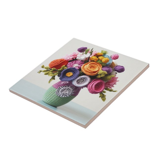 Intricate Crocheted Flower Art- Vibrant Bouquet  Tile (Side)