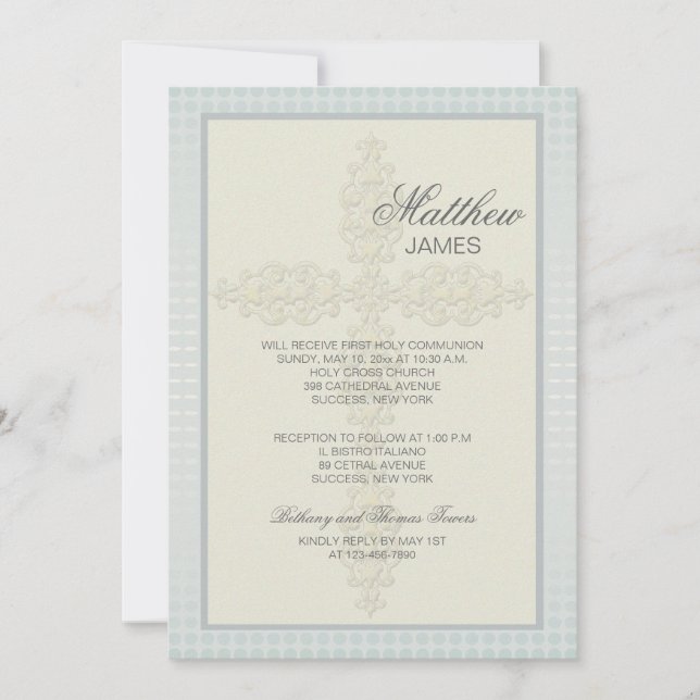 Intricate Cross (Blue-Grey) Religious Invitation (Front)