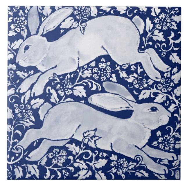 Intricate Dark Blue Rabbit Pair Floral Navy Cobalt Tile (Front)