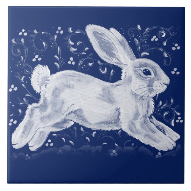 Intricate Dark Blue White Rabbit Swirl Navy Cobalt Tile (Front)