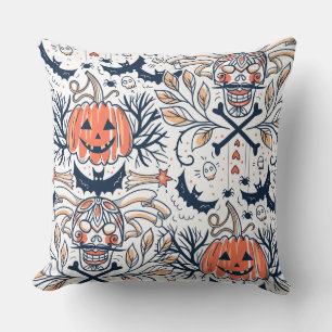 Intricate Dark Halloween Skull Pumpkin Pattern Cushion