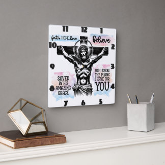 Intricate Depiction of Jesus on the Cross Square Wall Clock