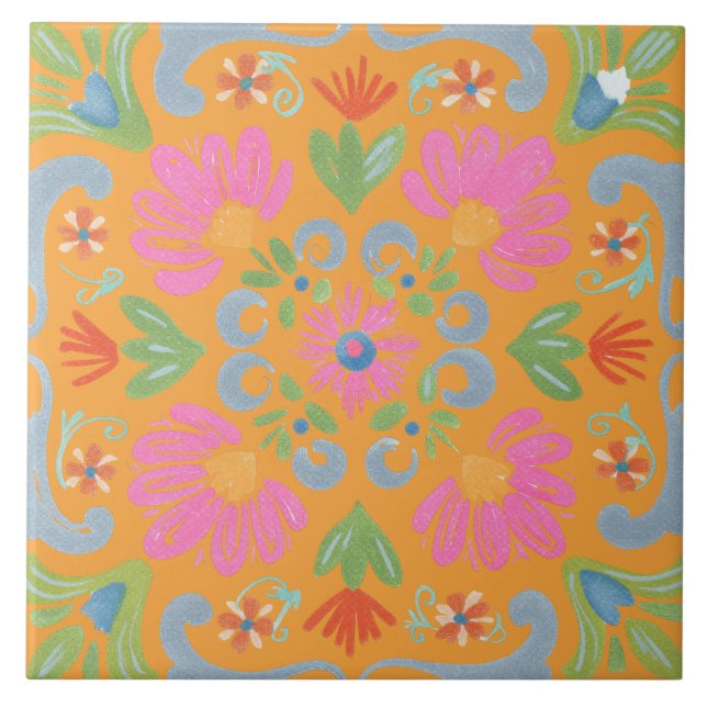 Intricate Detailed Flower Vibrant Tile (Front)