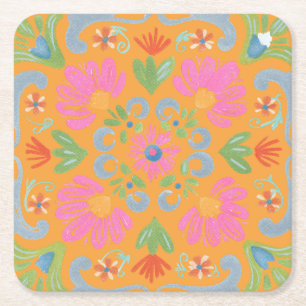 Intricate Detailed Vibrant Floral Summer Square Paper Coaster