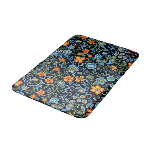 Intricate Floral Art: Blue and Orange Flowers Bath Mat