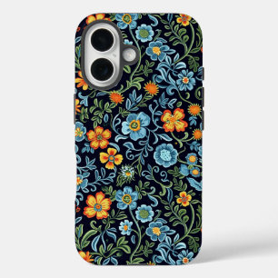 Intricate Floral Art: Blue and Orange Flowers iPhone 16 Case