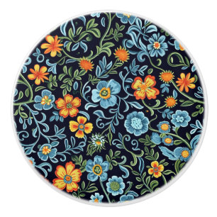 Intricate Floral Art: Blue and Orange Flowers Ceramic Knob