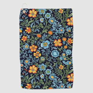 Intricate Floral Art: Blue and Orange Flowers Golf Towel