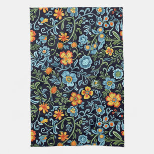 Intricate Floral Art: Blue and Orange Flowers  Tea Towel