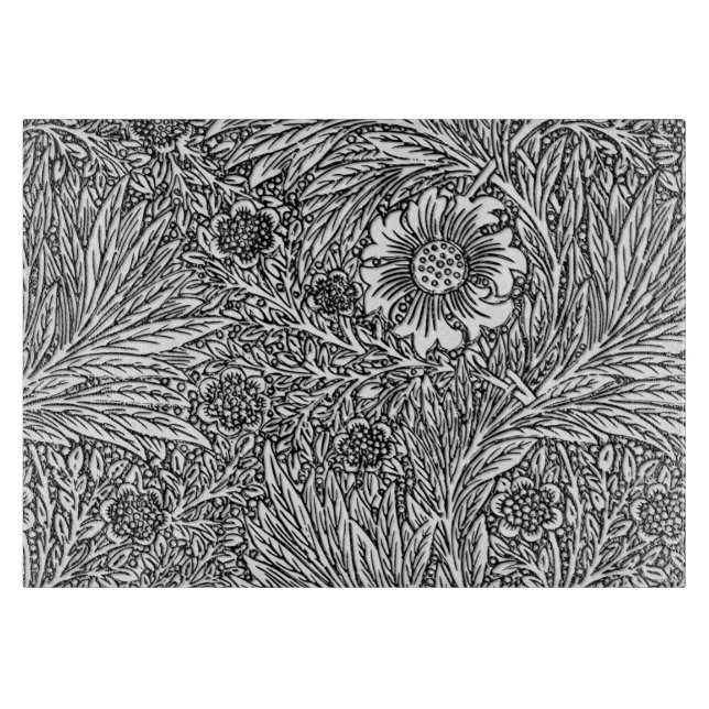 Intricate Floral Design in Black and White Glass Cutting Board (Front)