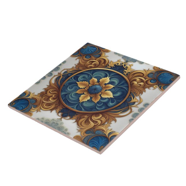 Intricate Floral Design in Blue and Gold Tile (Side)