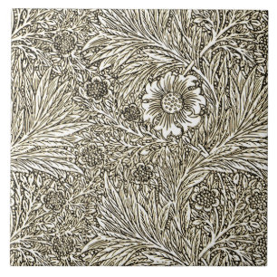 Intricate Floral Design in Brown and White Tile