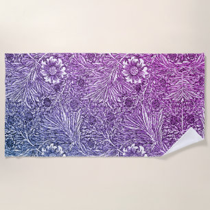 Intricate Floral Design in Purple Hues and White Beach Towel