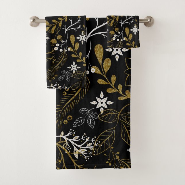 Intricate floral pattern with gold and white  bath towel set (Insitu)