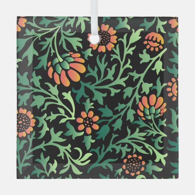 Intricate Floral Pattern with Green Leaves Glass Tree Decoration (Front)