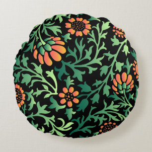 Intricate Floral Pattern with Green Leaves Round Cushion