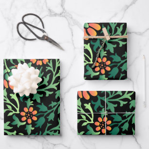 Intricate Floral Pattern with Green Leaves Wrapping Paper Sheet