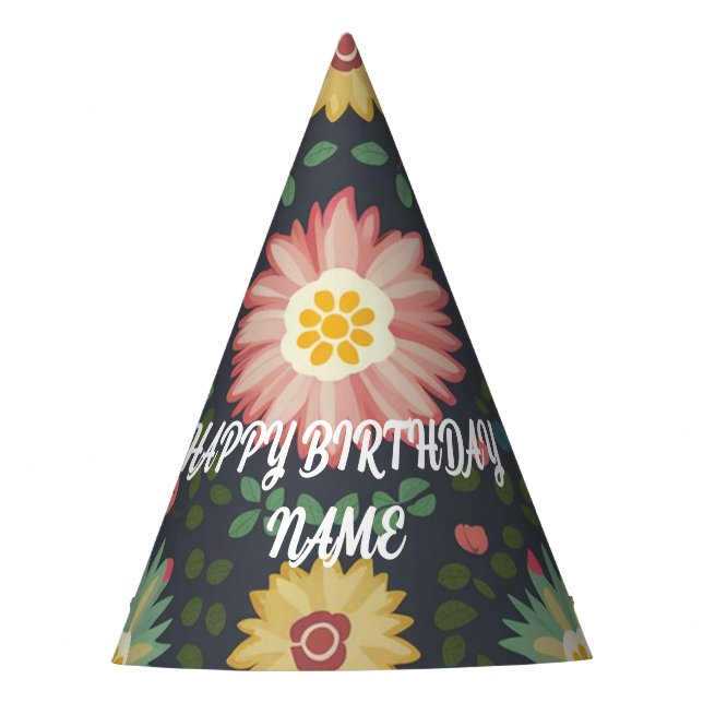 Intricate floral personalised Party Hat (Front)