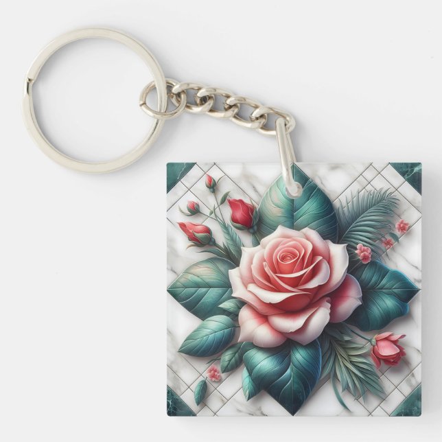 Intricate Floral Tile Mosaic Artwork Key Ring (Front)