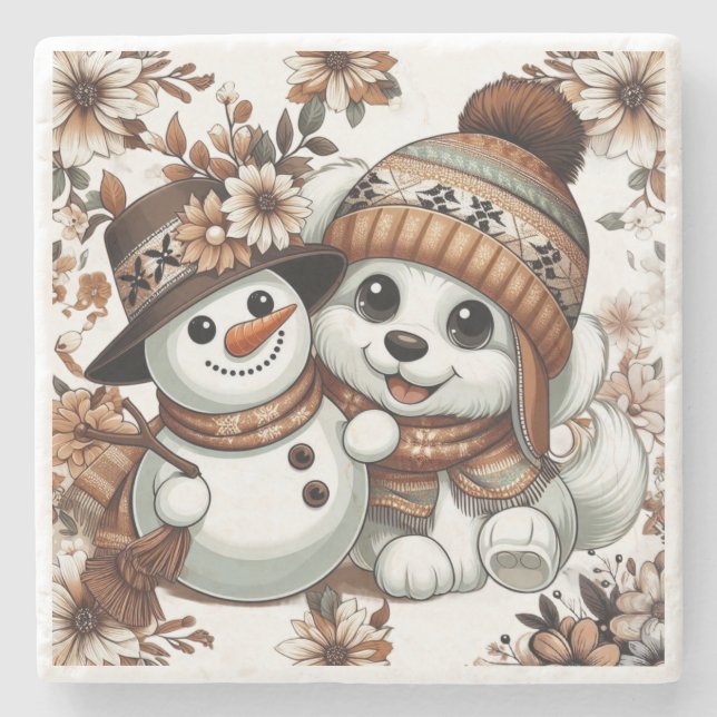 Intricate Floral Winter Wonderland: Adorable Dog  Stone Coaster (Front)