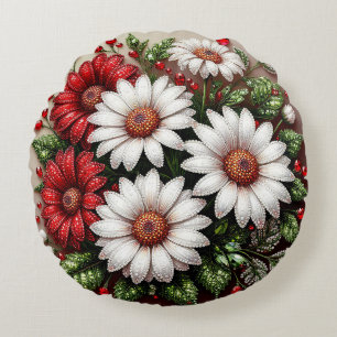 Intricate Gem Embellished Floral Design Round Cushion
