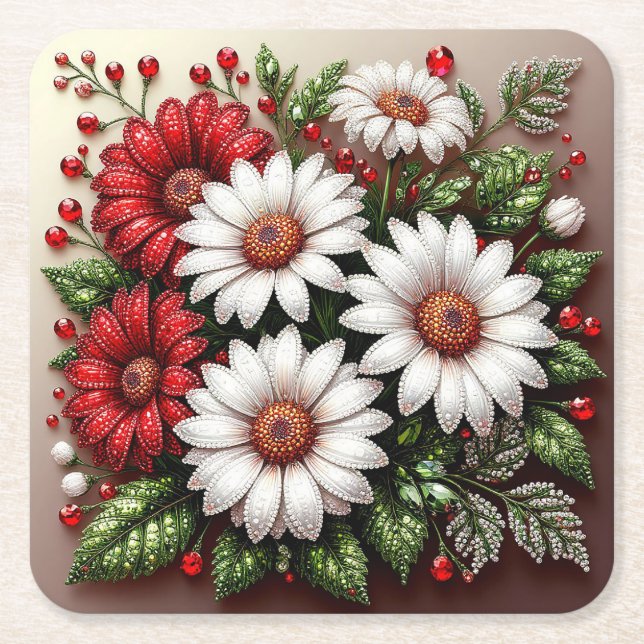 Intricate Gem Embellished Floral Design Square Paper Coaster (Front)