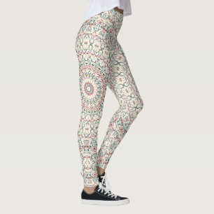 Intricate Geometric Mandala in Teal, Rose, & Sand Leggings