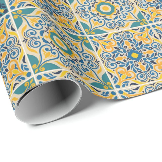 Intricate geometric pattern with blue, yellow wrapping paper (Roll Corner)
