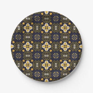 Intricate geometric pattern with dark blue  paper plate