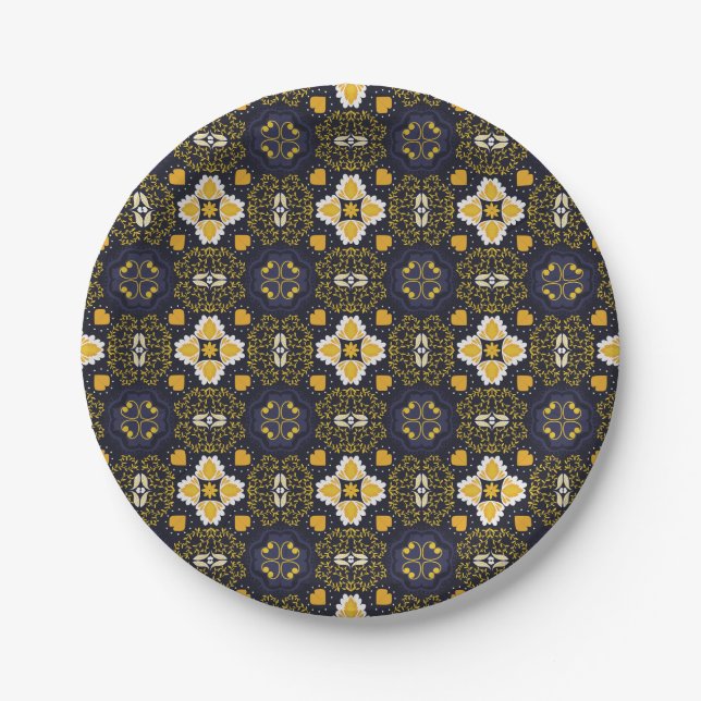 Intricate geometric pattern with dark blue  paper plate (Front)