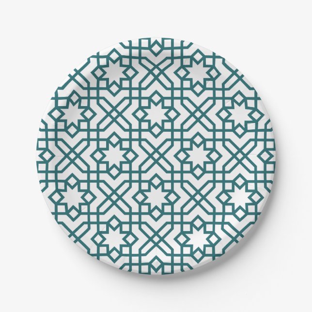 Intricate geometric pattern with teal interconnect paper plate (Front)