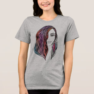 Intricate Girl Portrait Line Art - Detailed Female Tri-Blend Shirt
