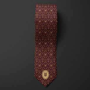 Intricate Gold and Burgundy Floral Monogram  Tie