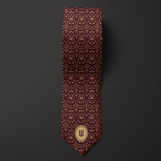 Intricate Gold and Burgundy Floral Monogram  Tie (Creator Uploaded)