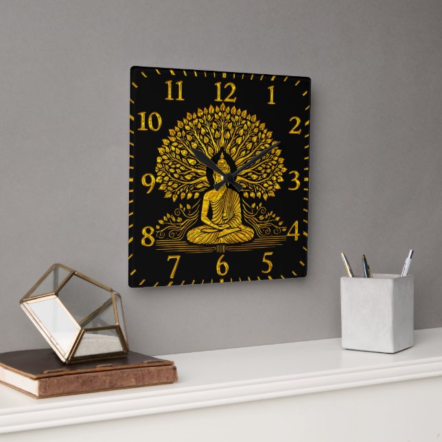 Intricate Gold Buddha Surrounded by Lush Foliage Square Wall Clock (Office)